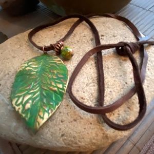 Patina Leaf with Gemstone Charm Necklace